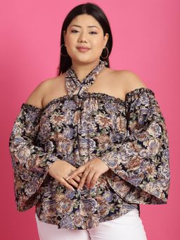 theRebelinme - Plus Size Womens Navy Rose Floral Printed Halter Neck Top