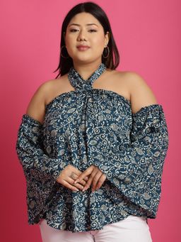 theRebelinme - Plus Size Womens Teal Floral Batik Printed Halter Neck Top