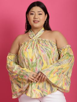 theRebelinme - Plus Size Womens Yellow Gold Foil Printed Halter Neck Top