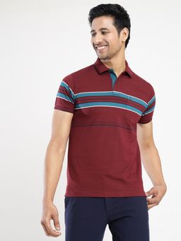 Greenfibre - Men's Maroon Striped Slim Fit Half Sleeve Polo T-Shirt