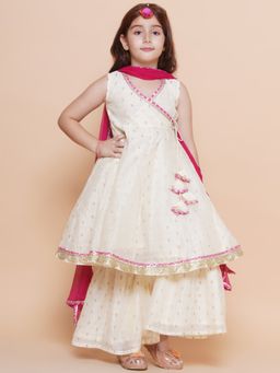 BITIYA BY BHAMA - Girls Ethnic Off White Floral Kurta with Sharara and Dupatta