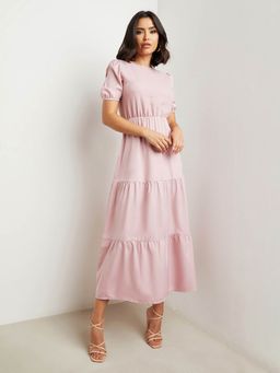 Styli - Pink Textured Round Neck Tiered Maxi Dress