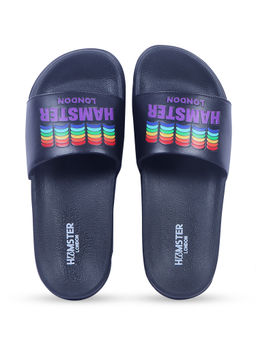 Hamster London - Unisex Rainbow Black Sliders-Navy Blue