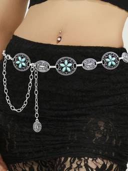 AQUASTREET - Turquoise Blue Floral with Oval Silver Plated Anti-Tarnish Waist Chain Belt
