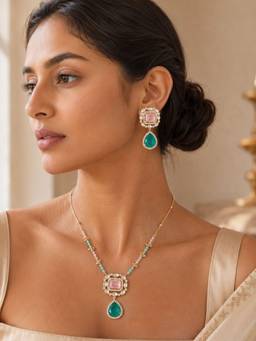 Abdesigns - Gold Plating Festive Pink Stone Jewellery Set