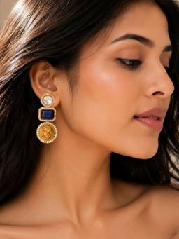 Abdesigns - Elite Gold Plated American Diamond Blue Drop Earrings