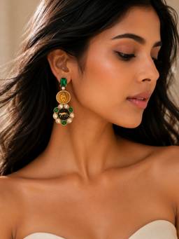 Abdesigns - Elite Gold Plated American Diamond Green Drop Earrings