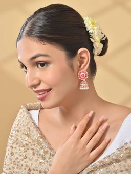 Fida - Women Pink and Gold Plated Floral Pearl Meenakari Jhumkas Earrings