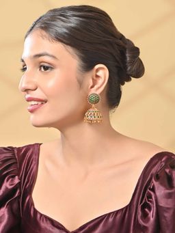 Fida - Green and Gold Plated Temple Jhumkas Earrings for Women