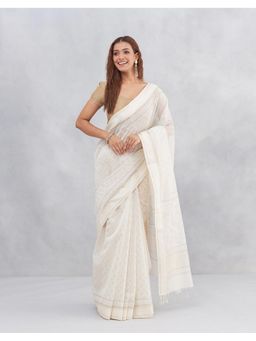 Fabindia - Off White Natural Cotton Silk Blend Saree with Unstitched Blouse