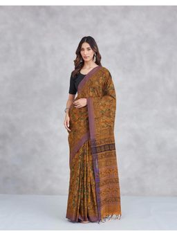 Fabindia - Yellow Cotton Kalamkari Printed Saree with Unstitched Blouse