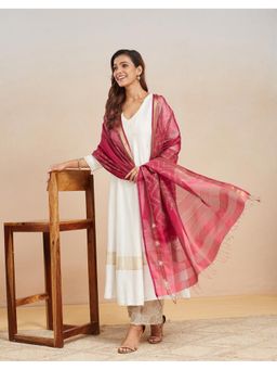 Fabindia - Maroon Cotton Silk Blend Hand Block Printed Woven Dupatta