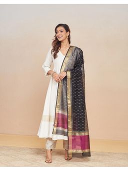 Fabindia - Black Cotton Silk Blend Hand Block Printed Woven Dupatta