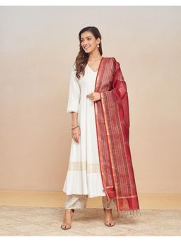 Fabindia - Maroon Cotton Silk Blend Hand Block Printed Woven Dupatta