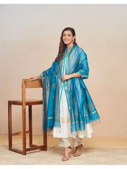 Fabindia - Blue Cotton Silk Blend Hand Block Printed Woven Dupatta