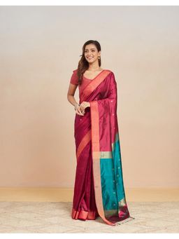 Fabindia - Maroon Silk Blend Saree with Unstitched Blouse