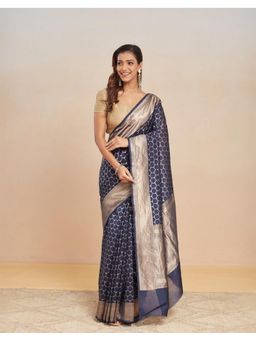 Fabindia - Navy Blue Cotton Silk Blend Saree with Unstitched Blouse