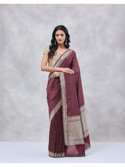 Fabindia - Maroon Viscose Silk Blend Saree with Unstitched Blouse