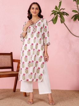Chowkhat - Embroidered and Printed Pure Cotton Straight White Kurta
