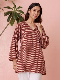 Chowkhat - Hand Geometric Printed Pure Cotton Short Maroon Kurti