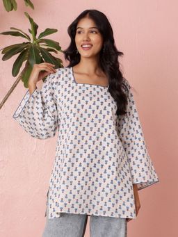 Chowkhat - Hand Floral Printed Pure Cotton Short White Kurti