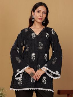 Chowkhat - Hand Printed Pure Cotton Short Black Kurti