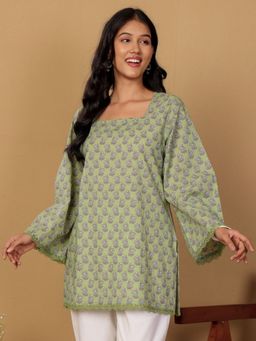 Chowkhat - Hand Floral Printed Pure Cotton Short Green Kurti