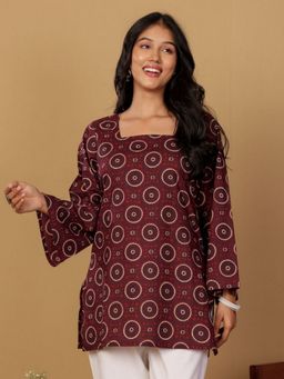 Chowkhat - Hand Geometric Printed Pure Cotton Short Maroon Kurti