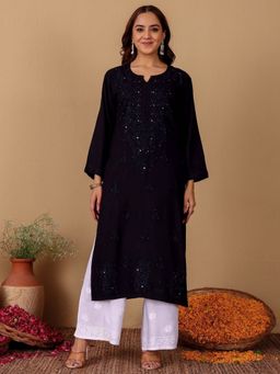 Chowkhat - Handloom Chikankari Rayon Straight Navy Blue Kurta