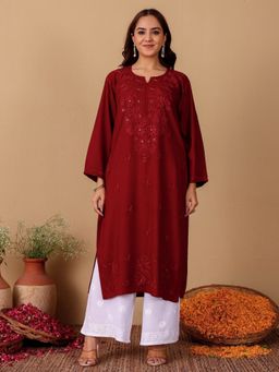 Chowkhat - Handloom Chikankari Rayon Straight Maroon Kurta