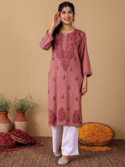 Chowkhat - Handloom Chikankari Rayon Straight Pink Kurta