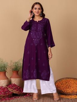 Chowkhat - Handloom Chikankari Rayon Straight Purple Kurta