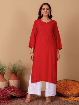 Chowkhat - Handloom Chikankari Rayon Straight Red Kurta