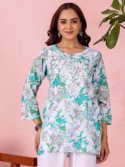 Chowkhat - Handloom Chikankari Mul Cotton Short Green Kurti