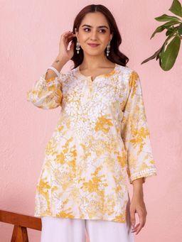 Chowkhat - Handloom Chikankari Mul Cotton Short Yellow Kurti