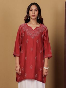 Chowkhat - Handloom Chikankari Chanderi Short Maroon Kurti