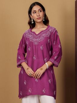 Chowkhat - Handloom Chikankari Chanderi Short Purple Kurti