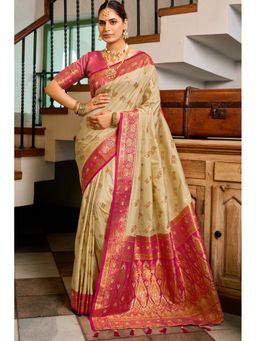 SGF11 - Cream Pink Women Kanjivaram Pure Soft Silk Saree with Unstitched Blouse