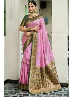 SGF11 - Pink Green Women Kanjivaram Pure Soft Silk Saree with Unstitched Blouse