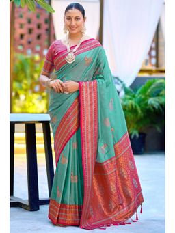 SGF11 - Green Pink Women Kanjivaram Pure Soft Silk Saree with Unstitched Blouse