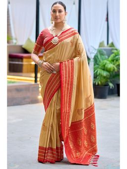 SGF11 - Cream Red Women Kanjivaram Pure Soft Silk Saree with Unstitched Blouse