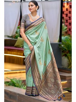 SGF11 - Green Blue Women Kanjivaram Pure Soft Silk Saree with Unstitched Blouse