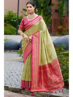 SGF11 - Green Pink Women Kanjivaram Pure Soft Silk Saree with Unstitched Blouse