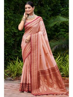 SGF11 - Peach Maroon Women Kanjivaram Pure Soft Silk Saree with Unstitched Blouse