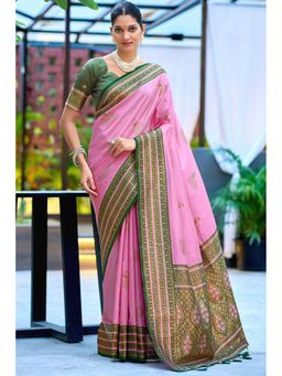 SGF11 - Pink Green Women Kanjivaram Pure Soft Silk Saree with Unstitched Blouse