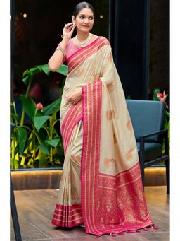 SGF11 - Off White Pink Women Kanjivaram Pure Soft Silk Saree with Unstitched Blouse