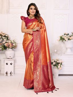 SGF11 - Orange Pink Women Kanjivaram Tissue Pure Soft Silk Saree with Unstitched Blouse
