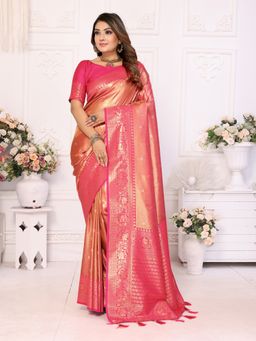 SGF11 - Peach Pink Women Kanjivaram Tissue Pure Soft Silk Saree with Unstitched Blouse
