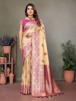 SGF11 - Cream Pink Women Kanjivaram Pure Soft Silk Saree with Unstitched Blouse