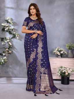 SGF11 - Navy Blue Women Kanjivaram Silk Saree with Unstitched Blouse